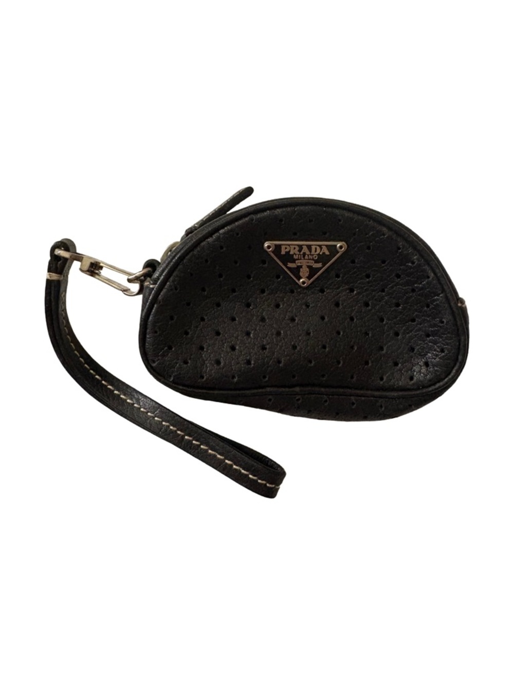 Prada Black Perforated Leather Wristlet Coin Pouch with Silver Hardware